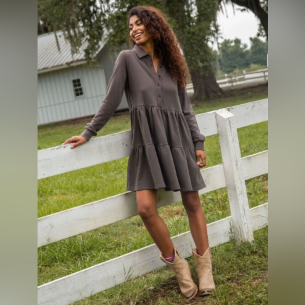 Natural Life Sylvan Sweatshirt Dress Charcoal Tiered Button‎ Down Long Sleeve XS